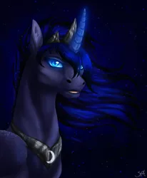 Size: 700x850 | Tagged: safe, artist:dachiia, derpibooru import, princess luna, alicorn, pony, curved horn, ear fluff, ethereal mane, female, glowing horn, hoers, jewelry, looking at you, mare, regalia, solo, starry mane, starry night