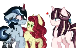 Size: 1280x802 | Tagged: safe, artist:owl-clockwork, derpibooru import, oc, oc:northern star, unofficial characters only, earth pony, pony, unicorn, base used, coat markings, colored sclera, crack ship offspring, curved horn, female, floating heart, floppy ears, gay, heart, male, mare, oc x oc, offspring, offspring shipping, parent:cherry jubilee, parent:flam, parent:flash sentry, parent:king sombra, parent:trixie, parent:twilight sparkle, parents:cherryflam, parents:flashlight, parents:trixbra, raised hoof, shipping, simple background, stallion, transparent background