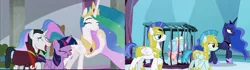 Size: 2048x576 | Tagged: safe, derpibooru import, edit, edited screencap, screencap, chancellor neighsay, cozy glow, guardian angel (character), princess celestia, princess luna, twilight sparkle, twilight sparkle (alicorn), alicorn, pegasus, pony, unicorn, school raze, armor, cage, cozybuse, cute, ethereal mane, female, filly, foal, guardsmare, laughing, male, mare, op is right, prison, royal guard, school, school of friendship, serious, serious face, smiling, stallion, starry mane, tartarus