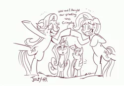 Size: 3314x2301 | Tagged: safe, artist:jowybean, derpibooru import, princess cadance, starlight glimmer, trixie, twilight sparkle, twilight sparkle (alicorn), alicorn, pony, unicorn, road to friendship, awkward, bipedal, dialogue, female, friendship chant, grin, mare, nervous, nervous grin, simple background, smiling, sweat, white background