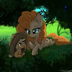 Size: 3000x3000 | Tagged: safe, artist:malajahr, derpibooru import, applejack, pear butter, arachnid, spider, star spider, babyjack, brush, cowboy hat, cute, daughter, female, filly, filly applejack, foal, foliage, grass, hat, jackabetes, lying, lying in grass, mare, mlem, mom, mother and daughter, motherly, oversized hat, pearabetes, raspberry, relief, relieved, silly, sitting, sky, spider web, tongue out, tree, weapons-grade cute, younger