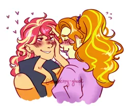 Size: 1024x853 | Tagged: safe, artist:ghostofblueberries, derpibooru import, adagio dazzle, sunset shimmer, equestria girls, equestria girls series, blushing, female, hand on cheek, heart, lesbian, shipping, sunsagio