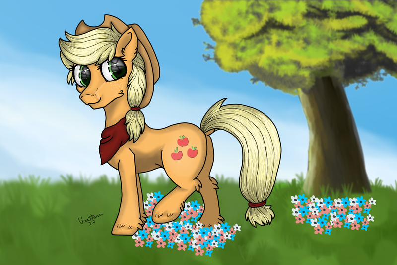 Size: 1620x1080 | Tagged: applejack, artist:usattesa, bandana, blonde, blonde hair, cutie mark, derpibooru import, digital art, fedora, flower, grass, green eyes, hat, paint tool sai, safe, solo, tree