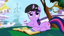 Size: 1279x718 | Tagged: alicorn, artist:cocopommel, beret, derpibooru import, edit, edited screencap, friendship is magic, hat, military, safe, screencap, sitting, twilight sparkle