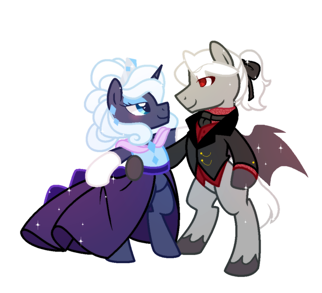 Size: 1100x1000 | Tagged: safe, artist:yokokinawa, derpibooru import, oc, oc:dracula, oc:melody diamond, bat pony, pony, unicorn, vampire, vampony, clothes, dancing, dress, elegant, fancy, female, male, ponytail, sparkles, straight