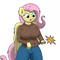 Size: 2236x2236 | Tagged: anthro, artist:ljdamz1119, big breasts, breasts, busty fluttershy, clothes, derpibooru import, female, fluttershy, jeans, pants, pegasus, safe, simple background, solo, sweater, sweater puppies, sweatershy, white background