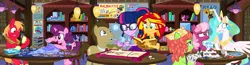 Size: 1800x465 | Tagged: safe, artist:pixelkitties, derpibooru import, big macintosh, cheerilee, derpy hooves, doctor whooves, princess celestia, sci-twi, sugar belle, sunset shimmer, time turner, tree hugger, twilight sparkle, alicorn, earth pony, pony, unicorn, equestria girls, equestria girls series, abobo, battlecloud, battleship, board game, book, bookshelf, cake, cakelestia, call of cthulhu, crown, dice, doctor who, female, food, game, geode of empathy, geode of telekinesis, gurps, hera syndulla, image, implied cake, jewelry, jpeg, lament configuration, lego, male, mare, operation, operation (game), portal, portal (valve), regalia, shipping, show accurate, sonic screwdriver, stallion, star destroyer, star wars, straight, stratego, sugarmac, table, tabletop game, tie fighter, x-wing, yu-gi-oh!