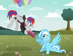 Size: 2962x2274 | Tagged: safe, artist:raspberrystudios, derpibooru import, oc, oc:glitterfrost, unofficial characters only, anniversary, balloon, cake, flower, food, grass field, grin, happy, love, smiling, tree