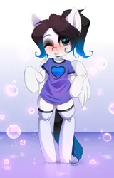 Size: 4000x6249 | Tagged: safe, artist:yukomaussi, derpibooru import, oc, oc:ice energy, unofficial characters only, pegasus, pony, semi-anthro, bipedal, blushing, clothes, femboy, heart eyes, lip bite, male, one eye closed, ponytail, shirt, socks, t-shirt, trap, wingding eyes, wink