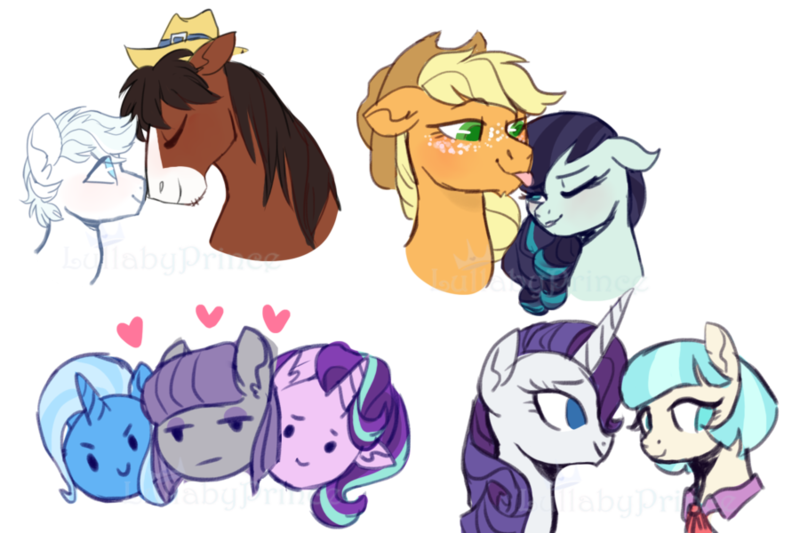 Size: 900x600 | Tagged: safe, artist:lullabyprince, derpibooru import, applejack, coco pommel, coloratura, double diamond, maud pie, rarity, starlight glimmer, trixie, trouble shoes, female, gay, heart, lesbian, male, marshmallow coco, mauxie, rarajack, shipping, simple background, starmaud, starmauxie, startrix, tongue out, transparent background