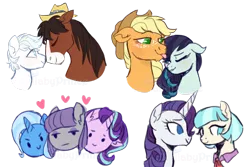 Size: 900x600 | Tagged: safe, artist:lullabyprince, derpibooru import, applejack, coco pommel, coloratura, double diamond, maud pie, rarity, starlight glimmer, trixie, trouble shoes, female, gay, heart, lesbian, male, marshmallow coco, mauxie, rarajack, shipping, simple background, starmaud, starmauxie, startrix, tongue out, transparent background