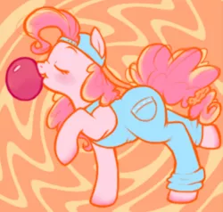 Size: 1396x1330 | Tagged: safe, artist:breezietype, derpibooru import, pinkie pie, earth pony, pony, abstract background, backwards ballcap, baseball cap, bubblegum, cap, dungarees, eyes closed, female, food, gum, hat, mare, profile, scrunchie, scrunchy face