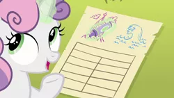 Size: 1280x720 | Tagged: derpibooru import, list, magic, mount aris, pencil, safe, screencap, seaquestria, solo, surf and/or turf, sweetie belle, telekinesis