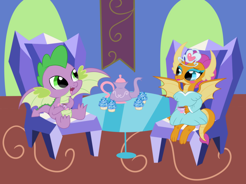 Size: 4000x3000 | Tagged: artist:rainbowtashie, clothes, cup, cupcake, derpibooru import, dragon, dragoness, dress, female, food, gem, jewelry, male, princess smolder, safe, shipping, smolder, spike, spolder, straight, table, teacup, tea party, tiara, what lies beneath, winged spike