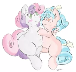Size: 2480x2352 | Tagged: safe, artist:patoriotto, derpibooru import, cozy glow, sweetie belle, pegasus, pony, unicorn, belly button, blushing, chubbie belle, chubby, cozybetes, cute, diasweetes, duo, fat, female, filly, simple background, sweetie belly, white background