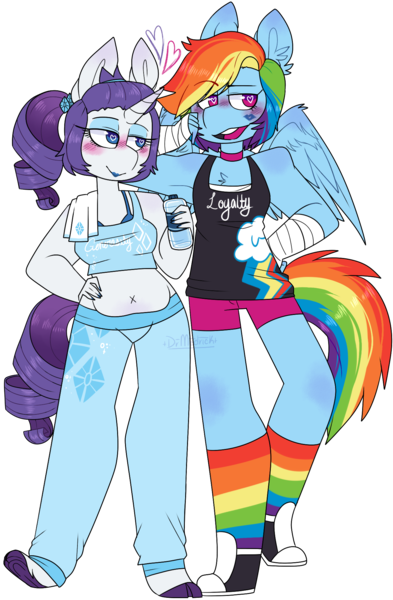 Size: 1248x1907 | Tagged: safe, artist:drmedrick, derpibooru import, rainbow dash, rarity, anthro, pegasus, unicorn, armpits, belly button, blushing, chest fluff, chubbity, chubby, clothes, converse, ear fluff, female, heart, heart eyes, kiss mark, lesbian, lipstick, open mouth, rainbow socks, raridash, shipping, shoes, simple background, smiling, socks, striped socks, transparent background, water bottle, watermark, wingding eyes