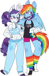 Size: 1248x1907 | Tagged: safe, artist:drmedrick, derpibooru import, rainbow dash, rarity, anthro, pegasus, unicorn, armpits, belly button, blushing, chest fluff, chubbity, chubby, clothes, converse, ear fluff, female, heart, heart eyes, kiss mark, lesbian, lipstick, open mouth, rainbow socks, raridash, shipping, shoes, simple background, smiling, socks, striped socks, transparent background, water bottle, watermark, wingding eyes