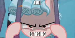 Size: 920x470 | Tagged: safe, derpibooru import, edit, edited screencap, screencap, cozy glow, pegasus, pony, school raze, bars, cliffhanger, ending, evil grin, female, filly, foal, grin, image macro, implied lord tirek, meme, narrowed eyes, offscreen character, scene, smiling, solo, tartarus, underlighting, wanna be friends?