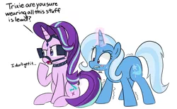 Size: 1743x1071 | Tagged: suggestive, artist:lance, derpibooru import, starlight glimmer, trixie, pony, unicorn, blinders, blushing, bridle, collar, confused, cutie mark, female, glowing horn, horn, horn ring, lesbian, lewd, lip bite, magic, shipping, simple background, startrix, sweat, tack, tail wrap, telekinesis, trembling, white background