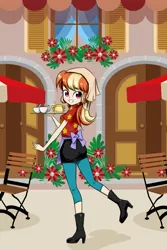 Size: 800x1200 | Tagged: safe, artist:twilite-sparkleplz, derpibooru import, oc, oc:mandarine mélange, unofficial characters only, equestria girls, boots, clothes, cuphead, cuphead (character), cute, high heel boots, leggings, miniskirt, moe, ms. chalice, mugman, shoes, skirt, solo, waitress