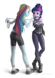 Size: 1112x1580 | Tagged: suggestive, artist:vyazinrei, derpibooru import, rainbow dash, twilight sparkle, equestria girls, armbinder, ass, ballgag, bondage, boots, breasts, cleavage, clothes, collar, compression shorts, dashdom, female, females only, femdom, femsub, gag, image, leash, lesbian, midriff, monoglove, png, rainbutt dash, rope, shipping, shoes, simple background, sneakers, socks, submissive, transparent background, twidash, twisub