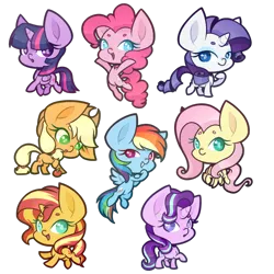 Size: 1000x1000 | Tagged: safe, artist:ak4neh, derpibooru import, applejack, fluttershy, pinkie pie, rainbow dash, rarity, starlight glimmer, sunset shimmer, twilight sparkle, twilight sparkle (alicorn), alicorn, pony, chibi, mane six, simple background, starry eyes, transparent background, wingding eyes