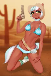 Size: 600x900 | Tagged: suggestive, artist:yasuokakitsune, derpibooru import, oc, oc:loco, unofficial characters only, anthro, earth pony, anthro oc, belt, boots, breasts, cactus, clothes, collar, cowboy hat, cowgirl, desert, gun, handgun, hat, high noon, looking at you, male, piercing, revolver, sand, shoes, short hair, solo, spreading, spread legs, underwear, wild west, ych result