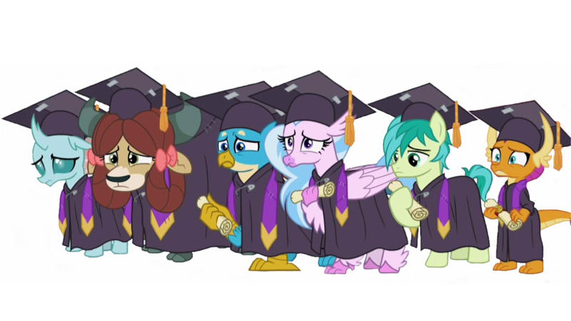 Size: 1280x720 | Tagged: safe, derpibooru import, edit, edited screencap, editor:lonely fanboy48, screencap, gallus, ocellus, sandbar, silverstream, smolder, yona, changedling, changeling, classical hippogriff, dragon, earth pony, gryphon, hippogriff, pony, yak, school raze, background removed, bow, clothes, cloven hooves, colored hooves, cute, diaocelles, diastreamies, disappointed, dragoness, female, gallabetes, graduation, hair bow, jewelry, male, monkey swings, necklace, sandabetes, simple background, smolderbetes, student six, teenager, transparent background, yonadorable