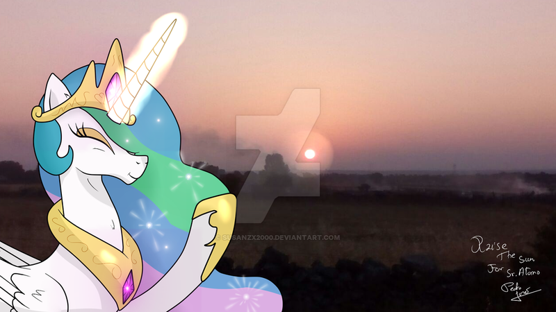 Size: 1024x576 | Tagged: artist:susanzx2000, derpibooru import, irl, obtrusive watermark, photo, ponies in real life, praise the sun, princess celestia, reallife, safe, solo, sun, watermark