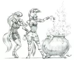 Size: 1400x1092 | Tagged: anthro, artist:baron engel, cauldron, cheerilee, clothes, derpibooru import, grayscale, monochrome, nervous, pencil drawing, safe, simple background, story in the source, this will end in explosions, traditional art, unguligrade anthro, white background, zebra, zecora