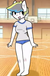 Size: 499x750 | Tagged: anthro, artist:kitty0606, basketball court, clothes, derpibooru import, female, gym uniform, human, oc, oc:stormy sky, safe, sports panties