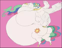 Size: 1280x992 | Tagged: anthro, artist:ragewerewolf, ass, belly, big breasts, breasts, chubbylestia, derpibooru import, fat, female, huge breasts, huge butt, impossibly large belly, impossibly large breasts, large butt, musclegut, muscles, pink background, princess celestia, princess musclestia, simple background, solo, solo female, strong fat, suggestive, sunbutt