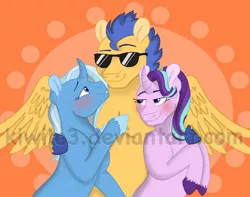Size: 1024x805 | Tagged: safe, artist:kiwile3, derpibooru import, flash sentry, starlight glimmer, trixie, female, flash sentry gets all the mares, lesbian, sentrixie, shipping, starsentry, startrix, straight
