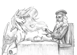 Size: 1400x1009 | Tagged: safe, artist:baron engel, derpibooru import, princess celestia, alicorn, human, pony, albus dumbledore, clothes, crossover, duo, female, grayscale, hat, magic, male, mare, monochrome, pencil drawing, simple background, sketch, telekinesis, traditional art, white background, wizard