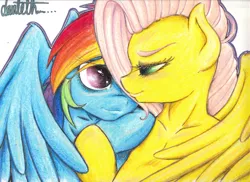 Size: 4677x3402 | Tagged: safe, artist:dantethehuman, derpibooru import, fluttershy, rainbow dash, pegasus, pony, blushing, bust, colored pencil drawing, female, flutterdash, lesbian, looking at each other, mare, shipping, smiling, snuggling, traditional art, wings