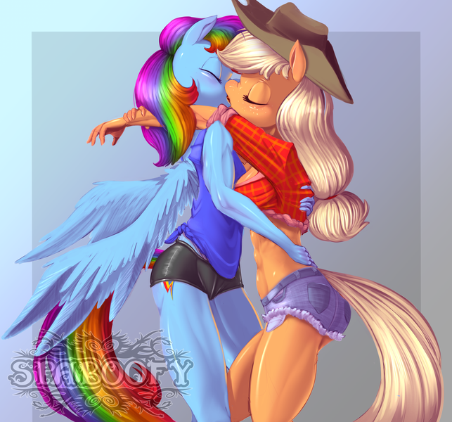 Size: 2144x2000 | Tagged: suggestive, artist:spaboofy, derpibooru import, applejack, rainbow dash, anthro, pegasus, abs, appledash, breasts, clothes, eyes closed, female, french kiss, hat, high res, kissing, lesbian, making out, muscles, rainbuff dash, shipping, shirt, shorts, watermark