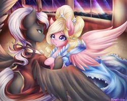 Size: 5000x4000 | Tagged: safe, artist:bunnywhiskerz, derpibooru import, oc, oc:bay breeze, oc:mahx, pegasus, pony, bahx, ballroom, bow, clothes, dancing, dress, female, hair bow, i know those eyes, male, mare, spread wings, stallion, the count of monte cristo, wings