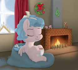 Size: 1904x1713 | Tagged: artist:foal, beanbag chair, christmas, cozy glow, derpibooru import, eyes closed, female, filly, fireplace, holiday, safe