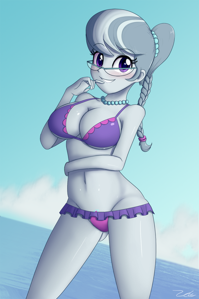 Size: 845x1267 | Tagged: suggestive, artist:zelc-face, derpibooru import, silver spoon, equestria girls, adorasexy, alternative cutie mark placement, attached skirt, beach babe, belly button, bicolor swimsuit, big breasts, bikini, bikini babe, blushing, braid, breasts, busty silver spoon, clothes, crotchmark, cute, female, frilled swimsuit, glasses, jewelry, necklace, older, older silver spoon, pearl necklace, ponytail, purple swimsuit, sexy, silverbetes, skirt, smiling, solo, solo female, swimsuit, underass, zelc-face's swimsuits