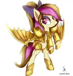 Size: 1000x1048 | Tagged: safe, artist:zidanemina, derpibooru import, oc, unofficial characters only, bat pony, pony, anime, armor, background removed, bat pony oc, crossover, female, purple eyes, rearing, saint seiya, simple background, solo, white background