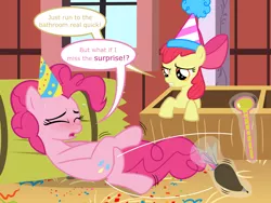 Size: 8000x6000 | Tagged: safe, alternate version, artist:ithinkitsdivine, derpibooru import, apple bloom, pinkie pie, earth pony, pony, absurd resolution, barn, bladder gauge, blushing, confetti, covering crotch, crossed legs, desperation, dialogue, duo, duo female, female, hat, hay, icing bag, mare, need to pee, need to poop, omorashi, party hat, potty dance, potty emergency, potty time, squirming, sweat, sweet apple acres