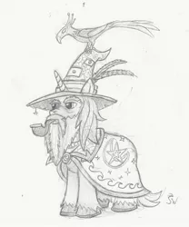 Size: 1573x1888 | Tagged: safe, artist:sensko, derpibooru import, phoenix, pony, unicorn, archmage, beard, facial hair, grayscale, hat, male, monochrome, moustache, pencil drawing, pipe, robes, stallion, traditional art, wizard, wizard hat