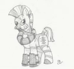 Size: 1782x1659 | Tagged: artist:sensko, derpibooru import, grayscale, knife, male, monochrome, mouth hold, pencil drawing, safe, solo, stallion, stone knife, traditional art, warrior, zebra