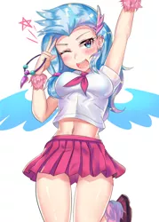 Size: 800x1120 | Tagged: artist:tzc, belly button, blushing, breasts, clothes, derpibooru import, female, human, humanized, jumping, looking at you, midriff, miniskirt, one eye closed, pleated skirt, school uniform, season 8, silverstream, skirt, solo, stupid sexy silverstream, suggestive, thighs, upskirt denied