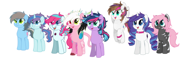 Size: 6992x2239 | Tagged: artist:cornerverse, base used, derpibooru import, interspecies offspring, oc, oc:allegro, oc:heartbeat, oc:jewel, oc:party planner, oc:physics break, oc:radiant dusk, oc:star glow, oc:windy zephyr, offspring, parent:discord, parent:fancypants, parent:fluttershy, parent:oc:bright heart, parent:party favor, parent:pinkie pie, parent:rainbow dash, parent:rarity, parents:canon x oc, parents:discopie, parents:partypie, parents:pinata, parents:raripants, parents:thundershy, parent:thunderlane, parent:twilight sparkle, safe, simple background, transparent background