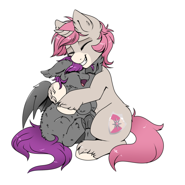 Size: 2000x2000 | Tagged: safe, artist:confetticakez, derpibooru import, oc, oc:andromeda, oc:andromeda aurora, oc:intrepid charm, unofficial characters only, bat pony, pony, unicorn, belly fluff, butt fluff, cuddling, cute, cute little fangs, duo, ear fluff, ear tufts, eyes closed, fangs, female, fluffy, grin, happy, hoof fluff, hug, leg fluff, male, ocbetes, shoulder fluff, simple background, smiling, snuggling, transparent background, underhoof, unshorn fetlocks, weapons-grade cute