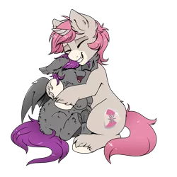 Size: 2000x2000 | Tagged: safe, artist:confetticakez, derpibooru import, oc, oc:andromeda, oc:andromeda aurora, oc:intrepid charm, unofficial characters only, bat pony, pony, unicorn, belly fluff, butt fluff, cuddling, cute, cute little fangs, duo, ear fluff, ear tufts, eyes closed, fangs, female, fluffy, grin, happy, hoof fluff, hug, leg fluff, male, ocbetes, shoulder fluff, simple background, smiling, snuggling, transparent background, underhoof, unshorn fetlocks, weapons-grade cute