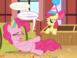 Size: 8000x6000 | Tagged: safe, alternate version, artist:ithinkitsdivine, derpibooru import, apple bloom, pinkie pie, earth pony, pony, absurd resolution, barn, blushing, confetti, covering crotch, crossed legs, desperation, dialogue, duo, duo female, female, hat, hay, holding, mare, need to pee, omorashi, party hat, potty dance, potty emergency, potty time, squirming, sweat, sweet apple acres