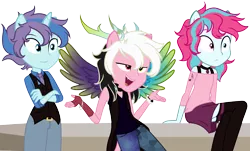 Size: 3445x2080 | Tagged: safe, artist:cornerverse, derpibooru import, oc, oc:allegro, oc:party planner, oc:physics break, unofficial characters only, equestria girls, base used, interspecies offspring, offspring, parent:discord, parent:party favor, parent:pinkie pie, parent:sonata dusk, parents:discopie, parents:partypie, parents:pinata, simple background, transparent background
