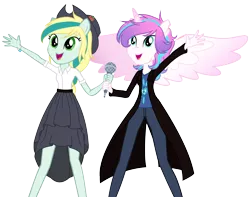 Size: 2884x2274 | Tagged: safe, artist:cornerverse, derpibooru import, princess flurry heart, oc, oc:lullaby, equestria girls, base used, canon x oc, equestria girls-ified, female, lesbian, magical lesbian spawn, microphone, offspring, offspring shipping, older, older flurry heart, parent:applejack, parent:coloratura, parents:rarajack, ponied up, shipping, simple background, spread wings, transparent background, wings